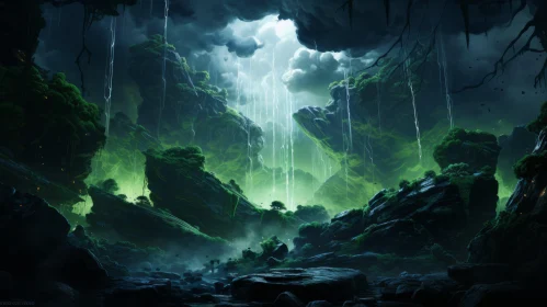 Dark Forest and Waterfalls - Enigmatic Illustration Art