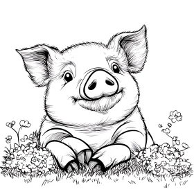 Charming Pig Cartoon Among Flowers