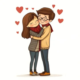 Affectionate Cartoon Couple Surrounded by Hearts