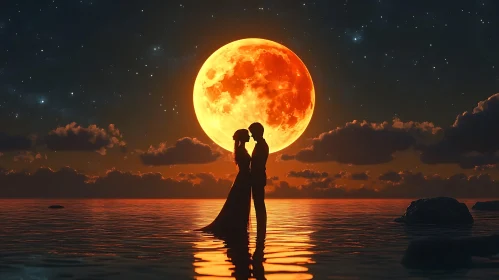 Couple's Silhouette Under Fiery Moon