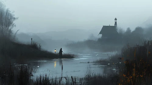 Misty Riverbank Silhouette