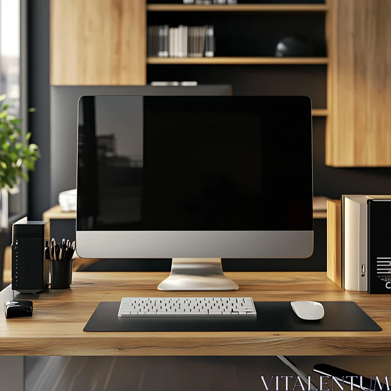 AI ART Stylish Workspace with Light Wood Desk and Large Monitor