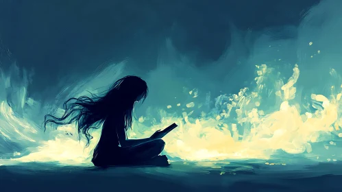 Girl Reading at Night Digital Artwork