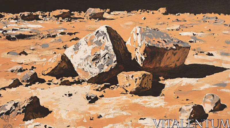 AI ART Arid Desert Terrain with Scattered Boulders