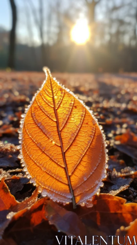 Frosty Autumn Leaf in Bronze Tones: Capturing Nature's Craftsmanship AI Image