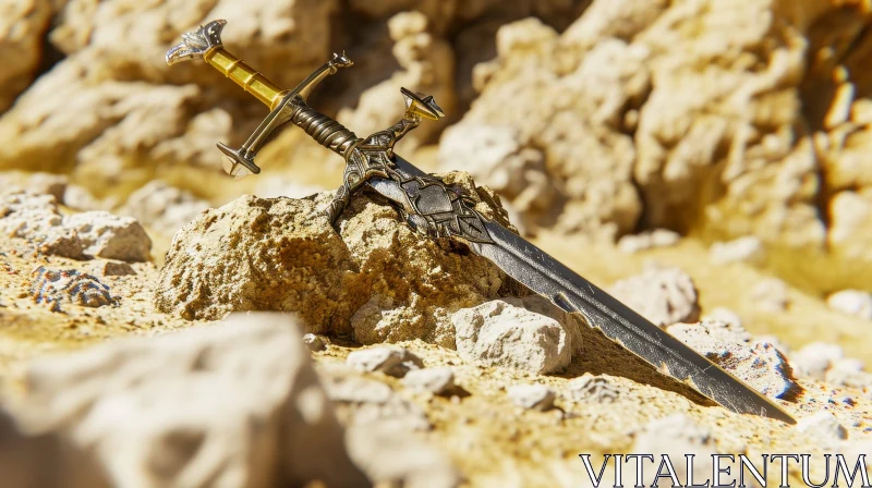 Golden Sword on Desert Rock - Surrealistic Art AI Image