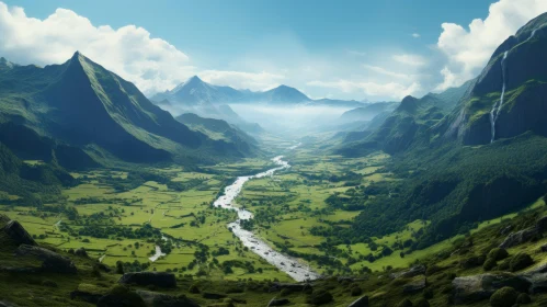 Lush Green Valley with Rivers: A Fantasy-Inspired Illustration