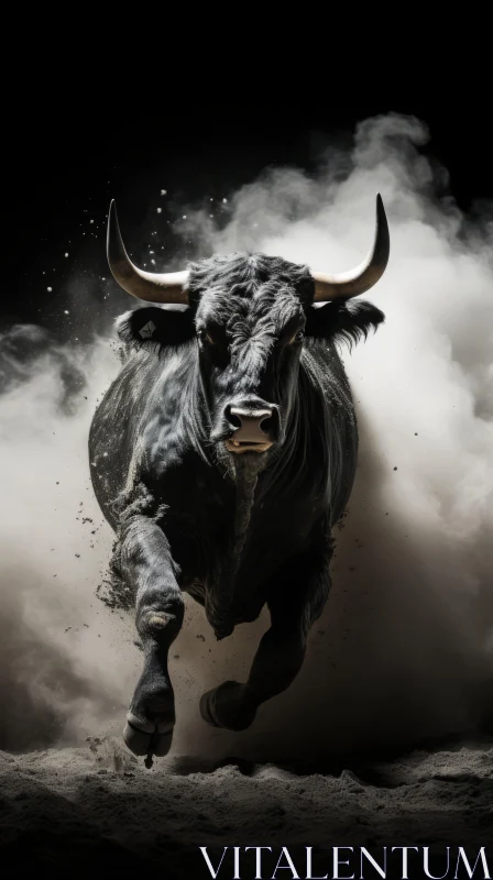 Powerful Image of Black Bull in Motion on a Dark Background AI Image