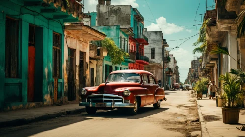 Vintage Red Car on Havana Street - Earthy Color Palette