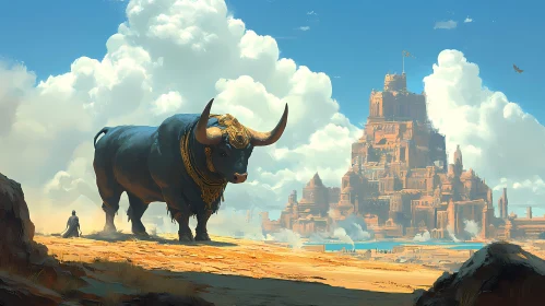 Fantasy Landscape with Bull and City