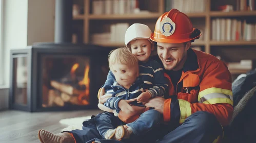 Father and Kids near Cozy Fireplace