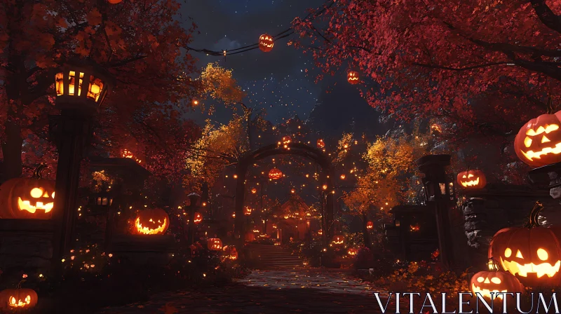 Autumnal Halloween Pumpkin Pathway at Night AI Image