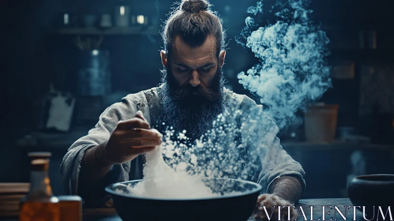 AI ART Bearded Man Cooking with Smoke