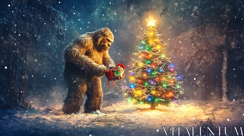 AI ART Winter Holiday with Bigfoot and Christmas Tree