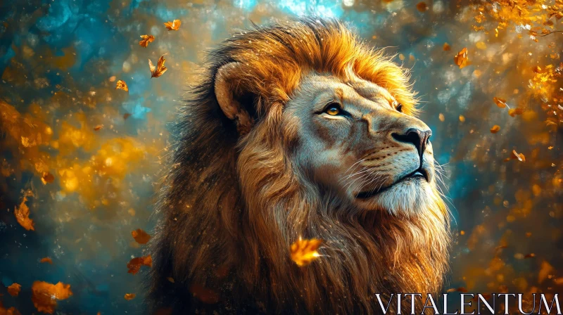 Regal Lion Amidst Leaves AI Image