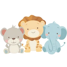 Adorable Cartoon Mouse, Lion, and Elephant Illustration