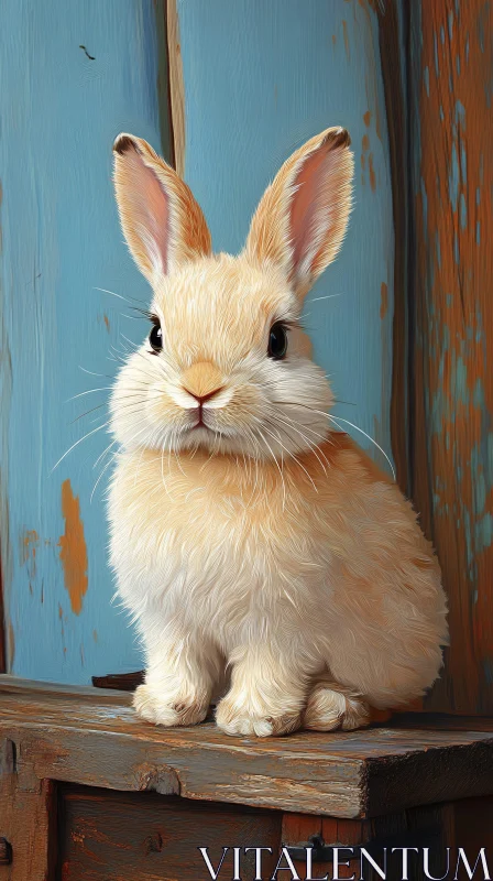 Adorable Cream Bunny on Old Wood AI Image