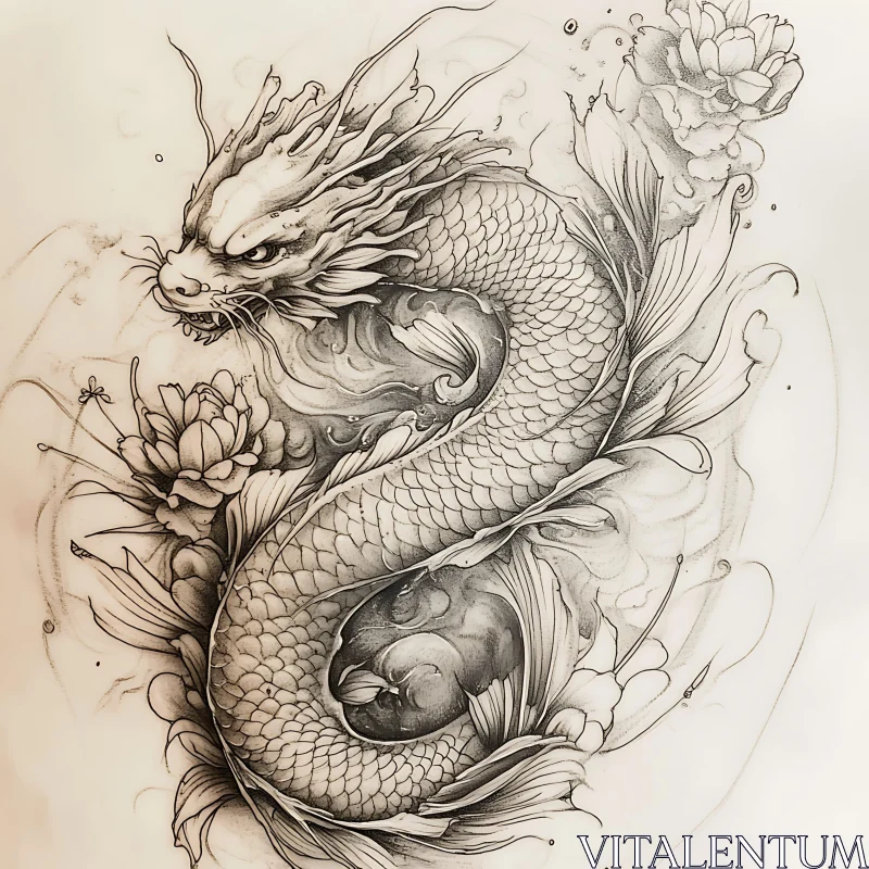 Monochrome Dragon with Floral Elements AI Image