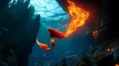 Mystical Mermaid in Fiery Submarine Realm