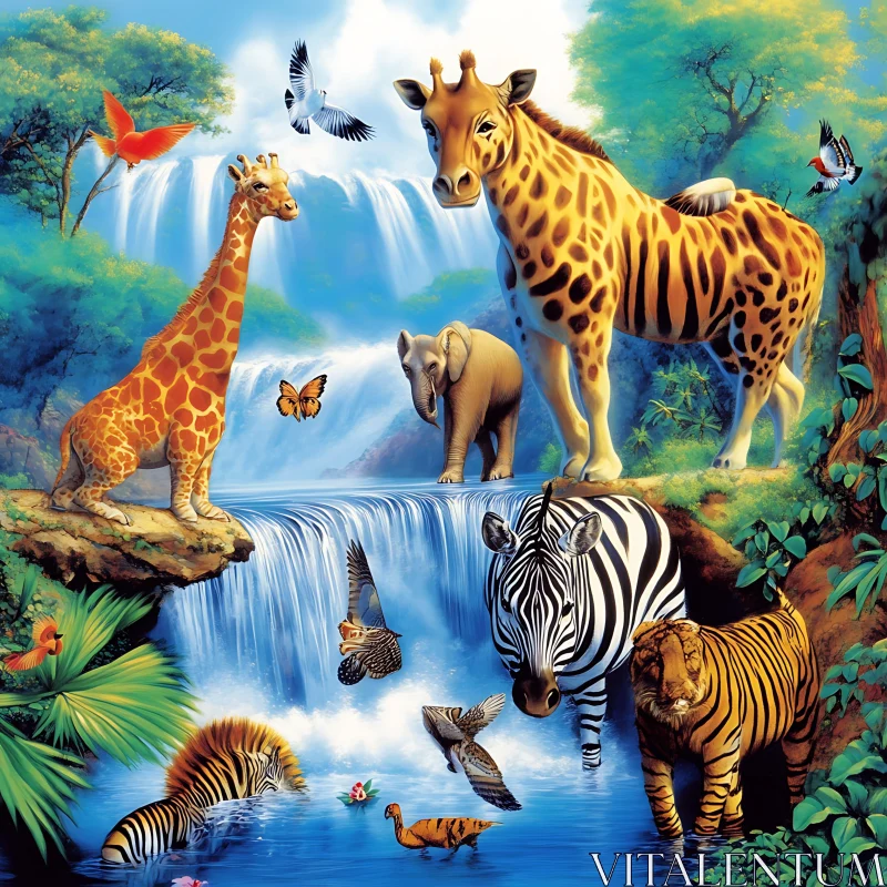 Jungle Wildlife at a Cascading Waterfall AI Image