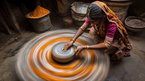 Woman Grinding Spices with Stone AI Image