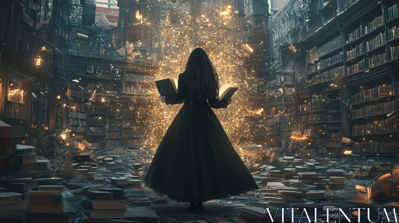 Mystical Library Scene with Woman Reading AI Image