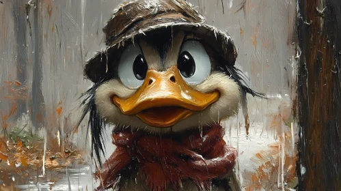 Cartoon Duck with Scarf in Forest