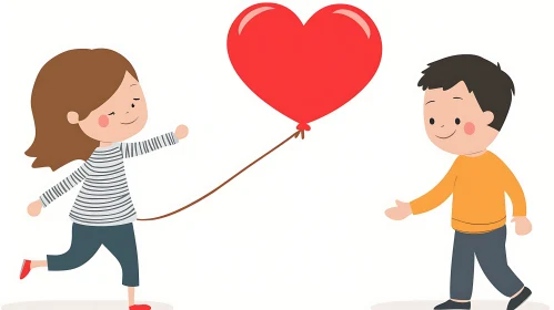 Cartoon Kids Sharing a Heart Balloon