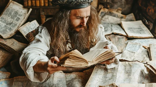 Man immersed in vintage book study