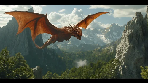Dragon in Flight over Mountainous Terrain