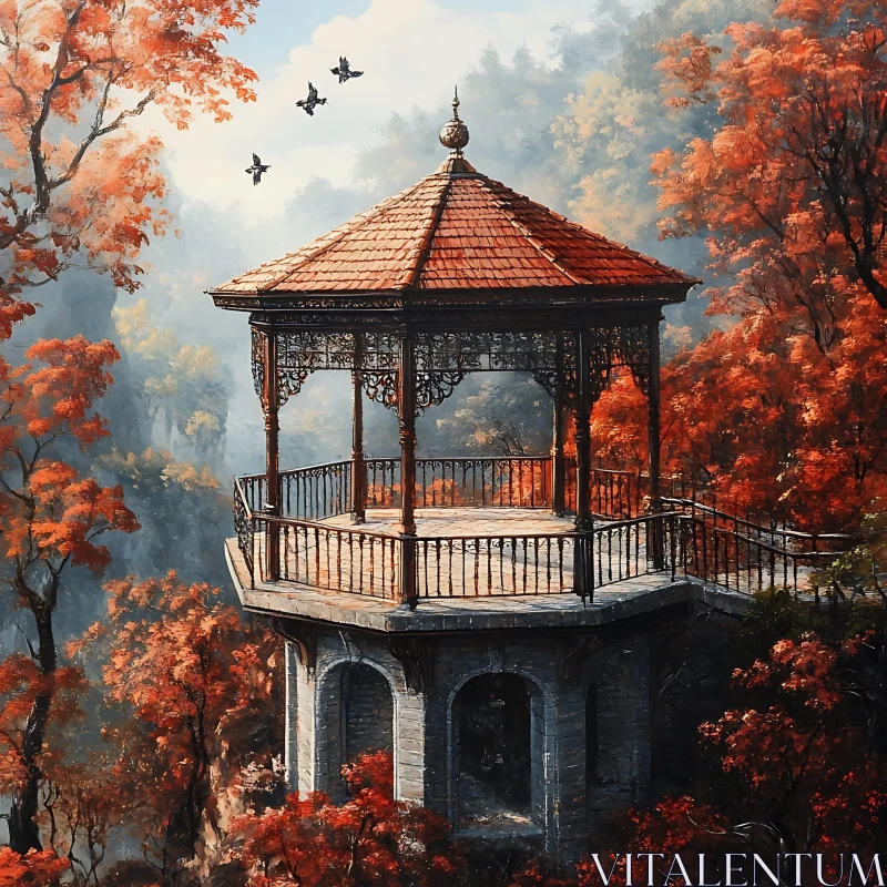 Gazebo in Autumn Landscape AI Image