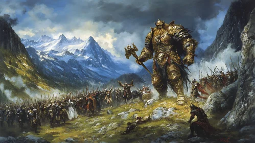 Colossal Warrior and Army in Mountainous Landscape