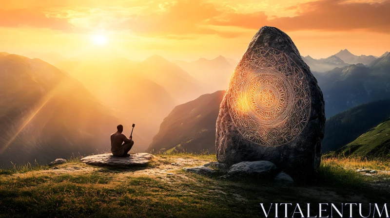 AI ART Sunset Meditation by Ancient Stone