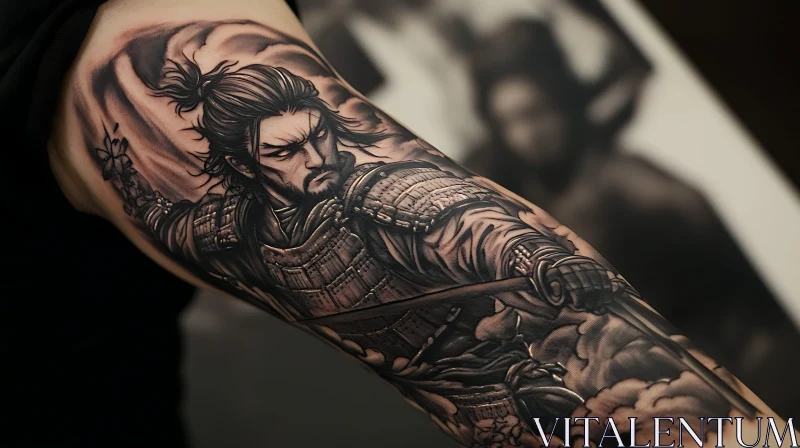 Monochrome Samurai Tattoo Art on Arm AI Image