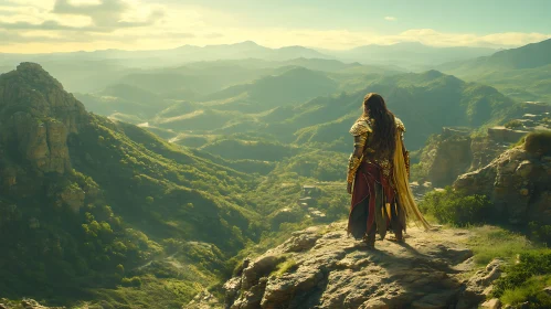 Lone Warrior Overlooking Verdant Mountains