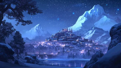 Snowy Village Night With Mountains