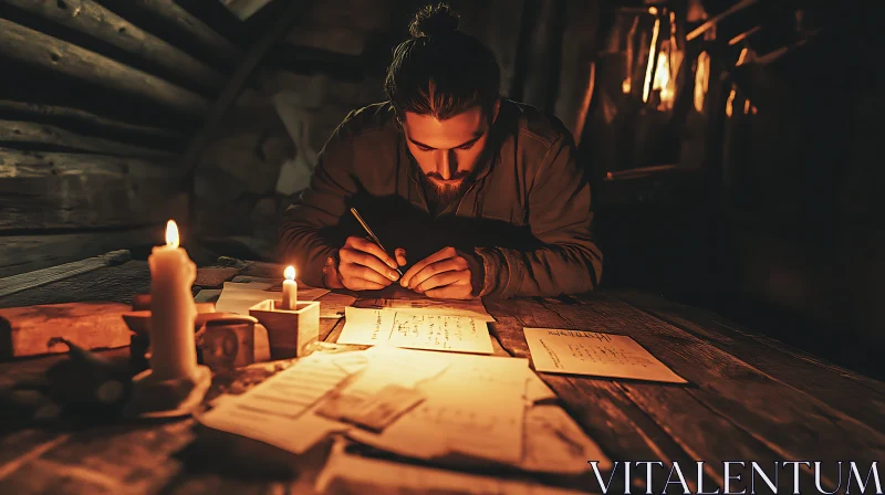 Candlelit Writer in Rustic Setting AI Image