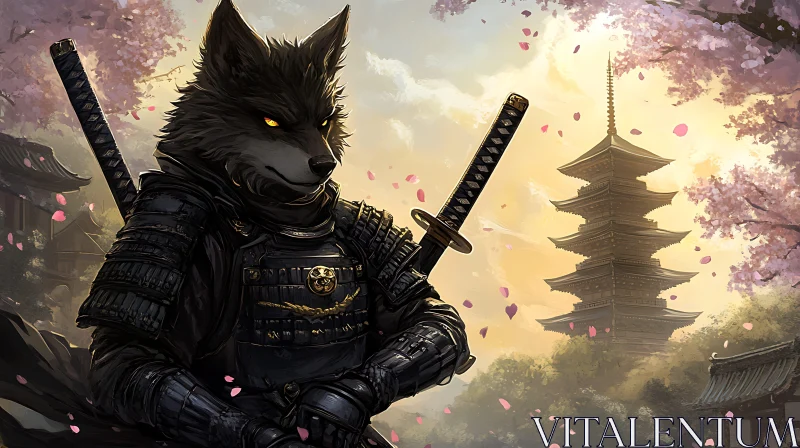 AI ART Samurai Wolf in Cherry Blossom Garden