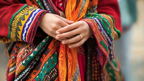 Colorful Embroidered Textile and Hands