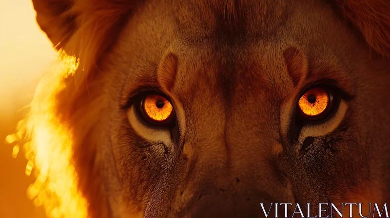 Lion's Gaze Close-Up with Glowing Amber Eyes AI Image