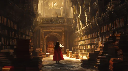 Woman Reading in Ancient Library