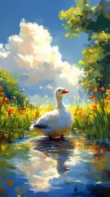 Tranquil Goose and Bright Flowers