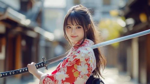 Kimono Woman with Sword on Street