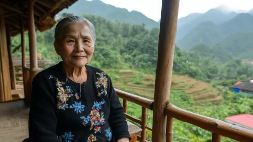 Old Woman with Floral Embroidery Top