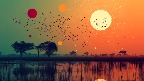 Birds Flying at Sunset