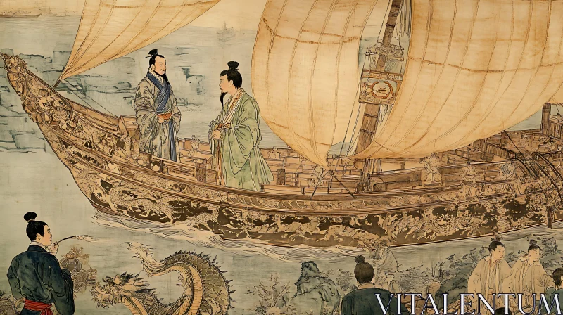 AI ART Vintage Asian Boat Art with Dragon