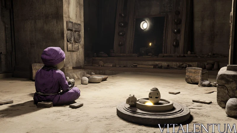 Purple Figure Meditating in Ruins AI Image