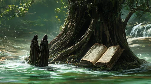 Enigmatic Forest Scene with Figures and Book