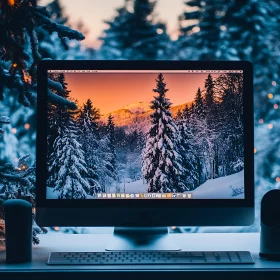 Snowy Forest Sunset on Monitor