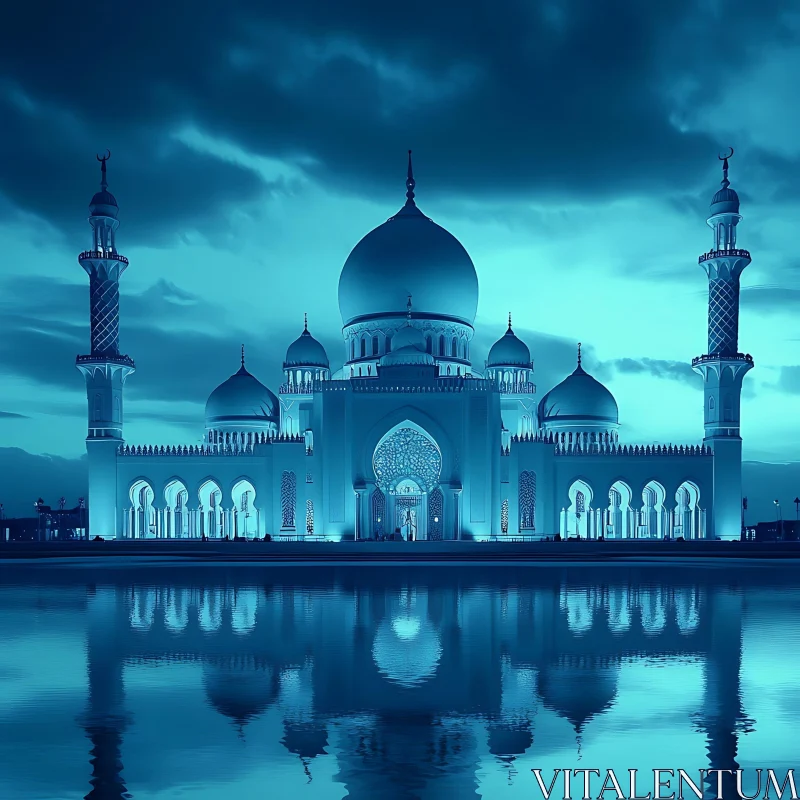 Tranquil Mosque Reflection in Blue AI Image